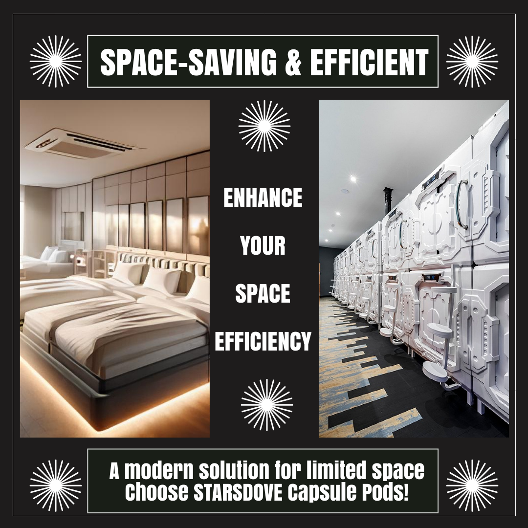 A comparison between traditional hotel beds and modern capsule pods, highlighting space efficiency with a bold design.